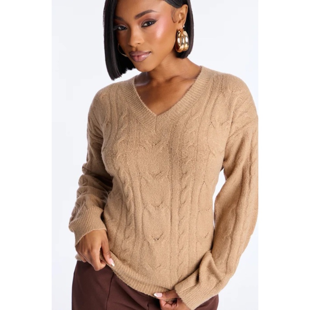 Cable Knit V-Neck Tan Sweater Fashion Nova